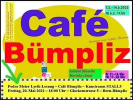 Pedro Meier Lesung – Café Bümpliz – Visarte Kunstraum STALL5 – Glockenstrasse 5, Bern-Bümpliz – Freitag, 20. Mai 2022 – 18 Uhr